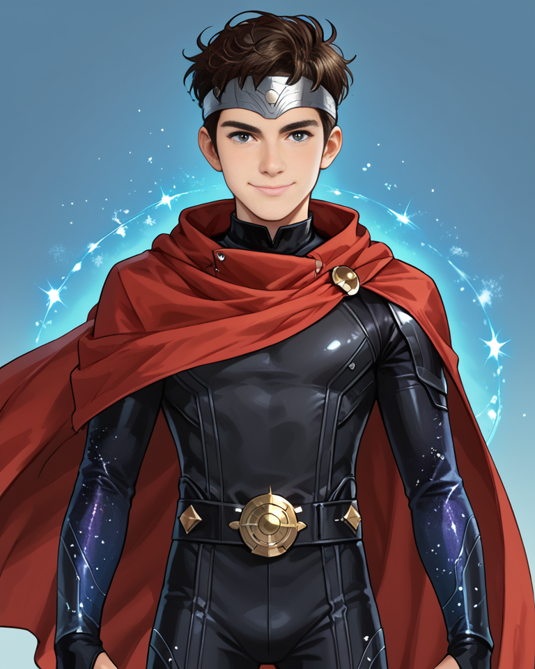 <lora:Wiccan:0.5>, source_anime,
1boy(billy_maximoff, red cloak, forehead protector, starry bodysuit, cowboy shot, slight smile, looking at the viewer), blue aura, glow light on his hands, galaxy pattern,
<lora:Expressive_H:1> expressiveh, male, solo,
Masterpiece, Best Quality, high quality cg, 1boy, male focus, solo, manly, dynamic pose, adult, grown up, ((male))
thunder background, dynamic pose,
 <lora:add_detail:1> <lora:Cute_Cartoon_ArtStyle:1>