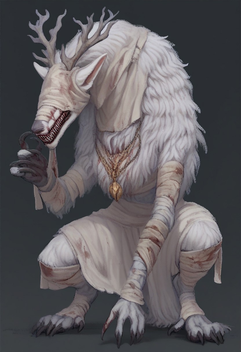 score_9, score_8_up, score_7_up, score_6_up, score_5, score_4_up, Fhunger, bbvicamelia, white fur, sharp teeth, claws, paws, digitigrade, golden pendant necklace,bandages/bloody bandages, simple background