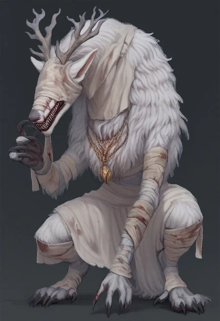 score_9, score_8_up, score_7_up, score_6_up, score_5, score_4_up, Fhunger, bbvicamelia, white fur, sharp teeth, claws, paws, digitigrade, golden pendant necklace,bandages/bloody bandages, simple background