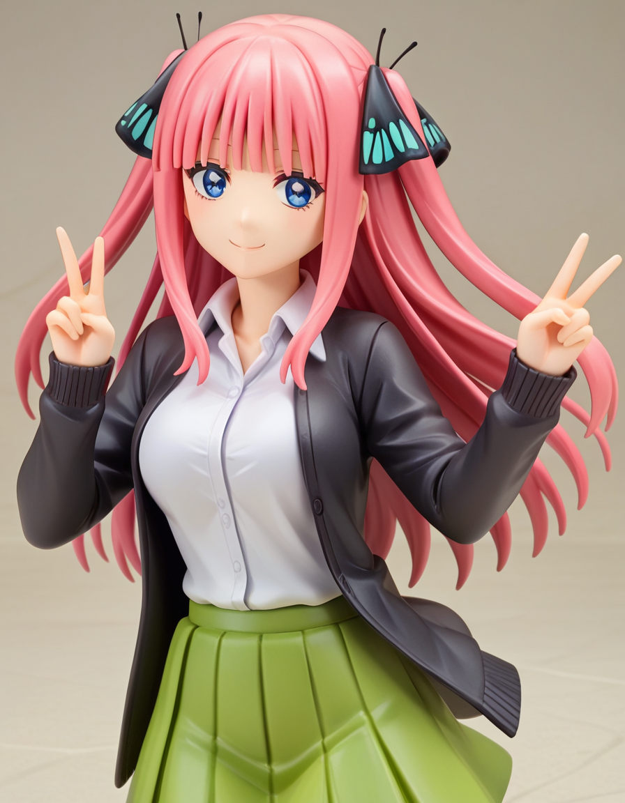 score_9, score_8_up, score_7_up, source_anime,
ninonakano, <lora:nino-nakano-s2-ponyxl-lora-nochekaiser:0.5>, 
nino nakano, long hair, bangs, blue eyes, hair ornament, hair ribbon, pink hair, blunt bangs, two side up, butterfly hair ornament, mature female,
skirt, shirt, long sleeves, white shirt, pleated skirt, open clothes, collared shirt, sleeves past wrists, dress shirt, cardigan, green skirt, open cardigan, black cardigan,
<lora:alter-figurines-ponyxl-lora-nochekaiser:1>, alter figurine, 1girl, smile, v over eye, solo,