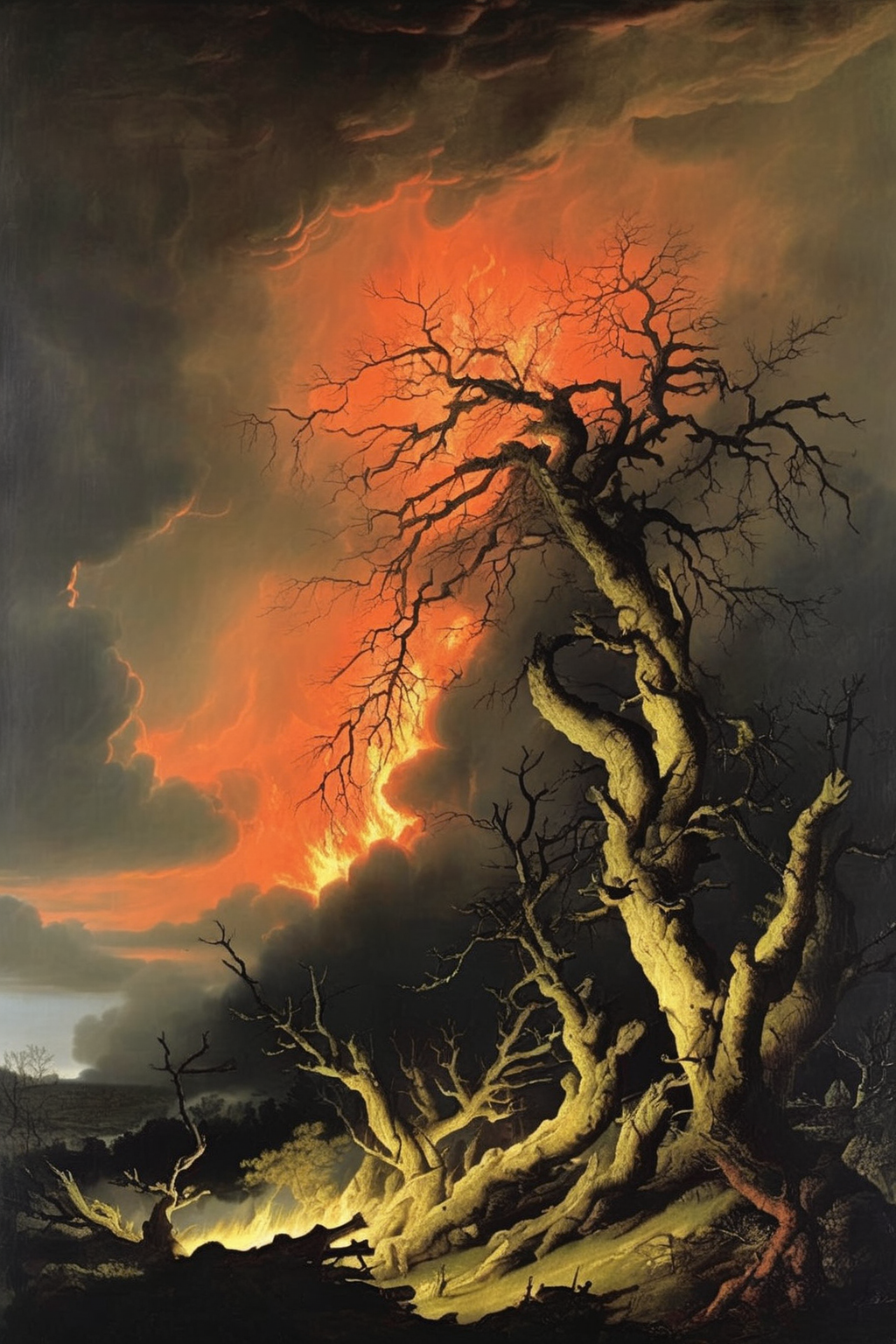 Joseph Wright Of Derby Style - fallen trees in flames / epic stormy burning sky / light from behind painting by Caspar David Friedrich /