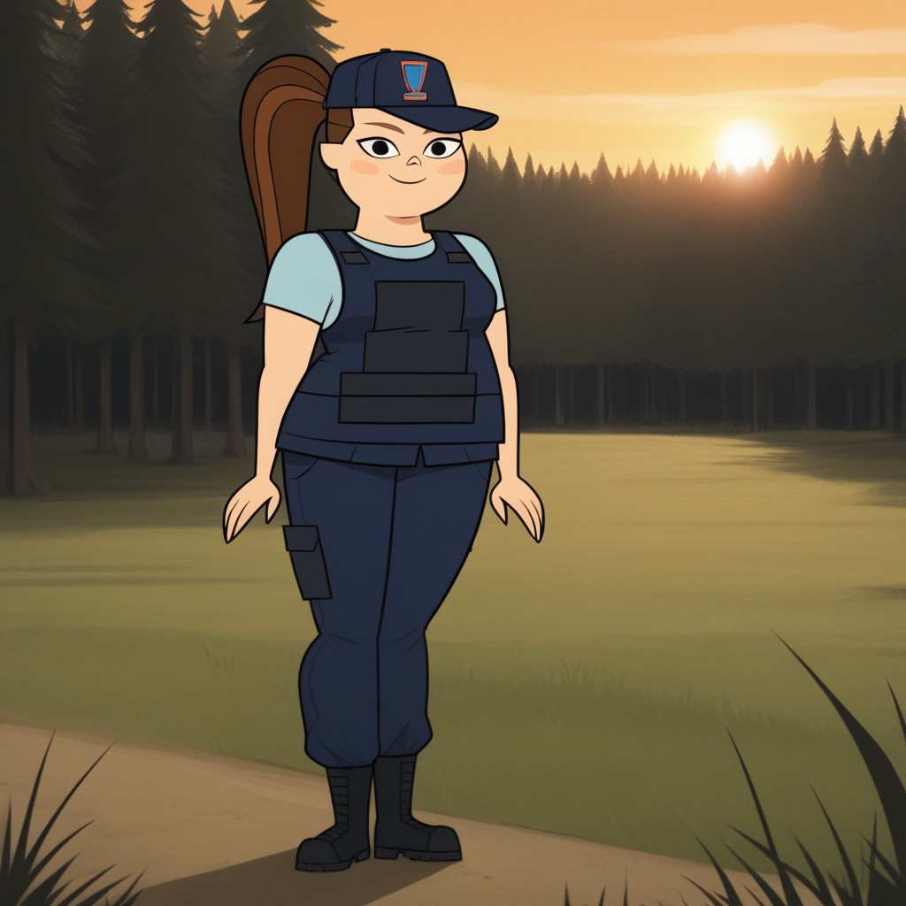 score_9, score_8, BREAK, body armor, 1girl, skyblue undershirt, dark blue cargo pants, boots, plump, chubby, chubby female, brown hair, ponytail, black eyes, cap with a symbol, blush, breasts, total drama, MacArthur_(\Total_Drama\), tdtrr, cute, sexy pose, smile, outdoors, sunlight, shadows, evening lighting, natural lighting, forest, trees, grass, orange sky, sunset
