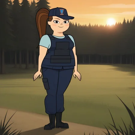 score_9, score_8, BREAK, body armor, 1girl, skyblue undershirt, dark blue cargo pants, boots, plump, chubby, chubby female, brown hair, ponytail, black eyes, cap with a symbol, blush, breasts, total drama, MacArthur_(\Total_Drama\), tdtrr, cute, sexy pose, smile, outdoors, sunlight, shadows, evening lighting, natural lighting, forest, trees, grass, orange sky, sunset