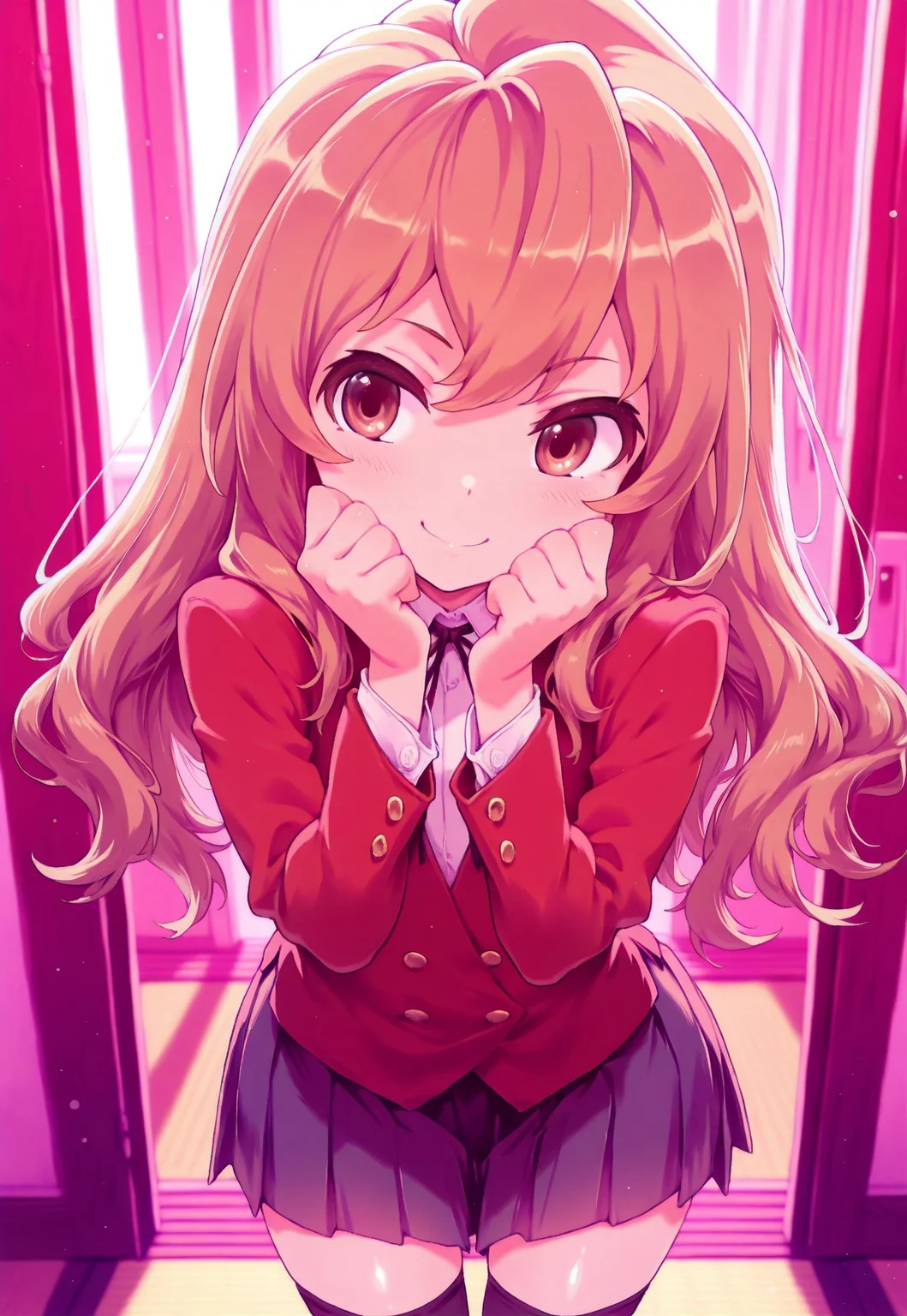 masterpiece, best quality, very aesthetic, absurdres, aisaka taiga, 1girl, solo,brown hair,long hair,flat chest, oohashi high school uniform, red jacket, black thighhighs ,pleated skirt, smile, light blush, shiny skin, burikko pose, hands up, upperbody, indoor, depth of view,