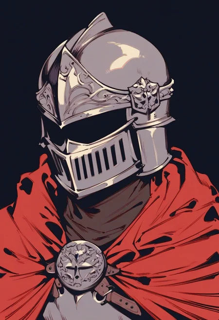score_9, score_8_up, score_7_up,<lora:Deep_Ink_Enhanced:1> armored medieval knight, helmet with closed visor, red cloak, black background,