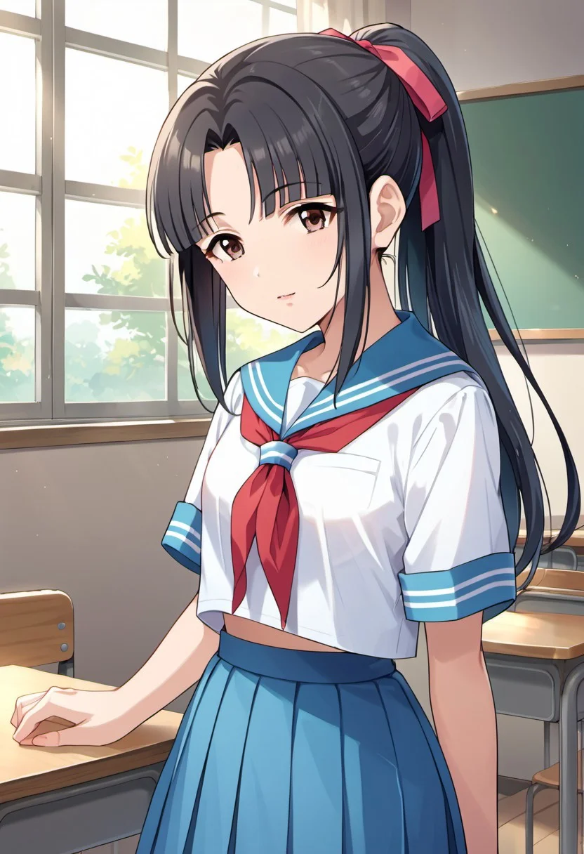 score_9, score_8_up, score_7_up, source_anime, mizuno midori, black hair, long hair, ponytail, brown eyes, 1girl, solo, school uniform, skirt, serafuku, blue skirt, pleated skirt, ribbon, looking at viewerl