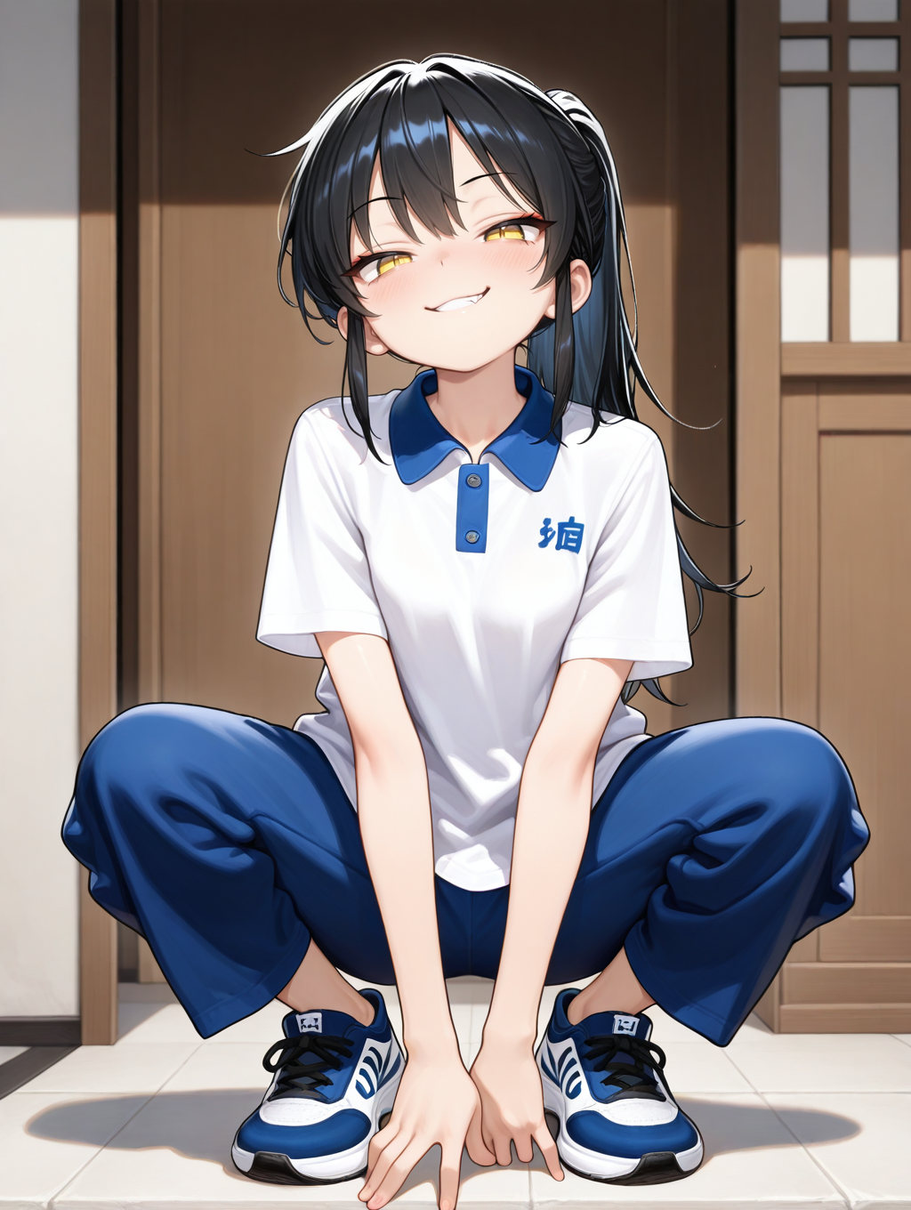 1girl,solo,(full body:1.3),<lora:xiaofu:1>,naughty_face,smug,looking_at_viewer,collared xiaofu shirt,blue xiaofu shorts,blue pants,white shirt,, masterpiece,best quality,amazing quality,