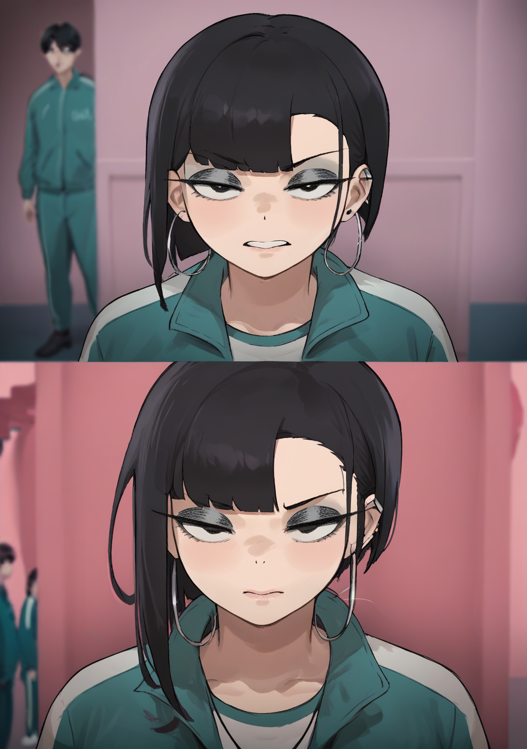 score_9, score_8_up, score_7_up, score_6_up, score_5_up, score_4_up, masterpiece, high quality, BREAK, full body, BREAK,     <lora:Squid_Game_Photo__BeforeAfter_Squid_Game_Pony:0.8> jacket, squidgame_before/afte, squid game photo, before/after, 2 panels, green tracksuit, pink background, traumatized, <lora:goth_booruguru_pony_xl:0.8> goth (booruguru), black hair, short hair, blunt bangs, asymmetrical bangs, black eyes, grey eyeshadow, dark eyeshadow, gigantic breasts