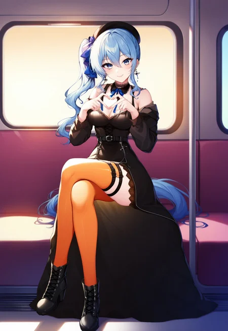 safe_pos, safe_pos, score_9, score_8_up, score_7_up, score_6_up, masterpiece, high quality, 1girl, tall_girl,long_legs, Beautiful Finger,<lora:Hand v3 SD1.5:1>, Hand, Perfect hand, Detailed hand, perfect face, expressive eyes, perfect balance, detailed face, perfect lighting, newest, best quality, absurdres, highres, very aesthetic, Colorful, eyebrows visible through hair, hair between eyes, SimplePositiveXLv2, full view, 200 cm tall, full body, full body shots, cowboy shot, looking at viewer, looking down, 1girl, HoshimachiSuisei, side ponytail, long side pony tail, blue hair ribbon, SuiseiStreet, long hair, black beret, black dress, collared dress, bow earrings, lace choker, neck ribbon, black belt, orange pantyhose, o-ring thigh strap, single garter strap, two sided jacket, off shoulder, bloack_boots, very long legs, narrow waist, elegant, light smile, train, inside train, scenery, w arms, sitting, looking at viewer, cable headphones, crossed_legs, cross-laced boots, heart fingers, heart hands,