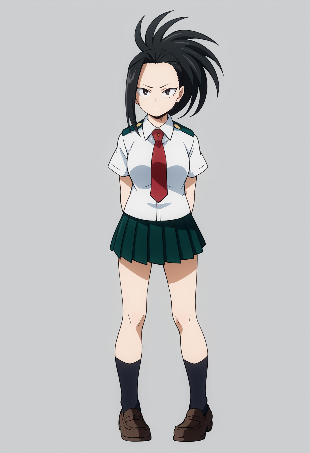 score_9, score_8_up, score_7_up, score_6_up, score_5_up, score_4_up, BREAK
yaoyorozumomo, 1girl, black eyes, black hair, ponytail, long hair, hair pulled back,
white shirt, short sleeves, u.a. school uniform, black socks, brown loafers, kneehighs, pleated green skirt, red necktie,
arms behind back, full body, standing,  solo, looking at viewer, simple background , white background  <lora:MomoYaoyorozuXL:1>
