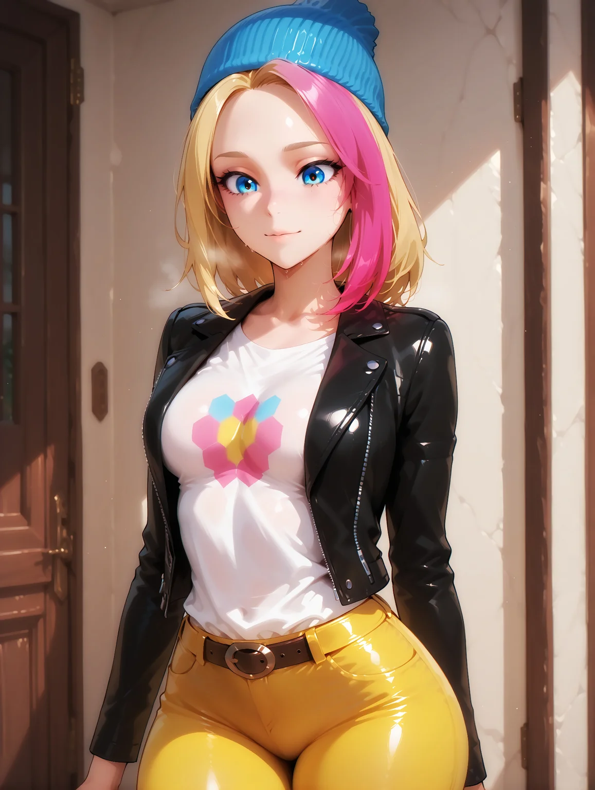 masterpiece, best quality, amazing quality, very aesthetic, detailed eyes, perfect eyes, amazing quality, 19 years old, solo, imtdzoeillus, 1girl, blonde hair, multicolored hair, two-tone hair, blue eyes, pink hair, leather jacket, beanie, blue headwear, hat, shirt, black jacket, belt, pants, yellow pants, white shirt, light freckles, wide hips, tight pants, medium breast, sexy
