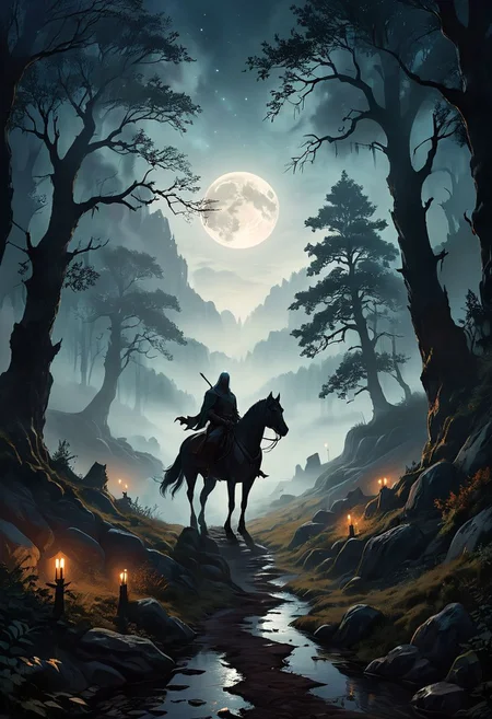 In the tranquil moonlit night, a lone Witcher rides through the ancient forests of the Continent. His silhouette is stark against the silver glow of the full moon, his form outlined by the ethereal light. The dense woods whisper ancient secrets as his horse treads through the mist-covered pathways. His eyes, keen and watchful, scan the shadows for any sign of danger. Behind him, the moon hangs low, casting its soft light over the medieval landscape, illuminating the towering trees and the winding path ahead. The air is thick with magic, and the night holds both mystery and danger in equal measure. vibrant, beautiful, translucent, intricate, detailed, many details, extreme detailed, full of details, Wide range of colors. Dramatic,Dynamic,Cinematic,Sharp details, Insane quality. Insane resolution. Insane details. Masterpiece. 32k resolution.