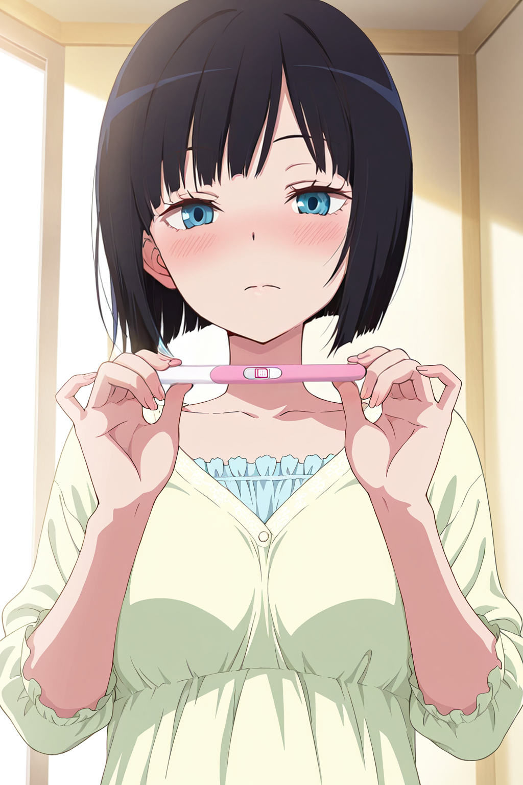 front view,pregnancy test,two-handed holding,
1girl,upper body,looking at viewer,blush,
Best quality,masterpiece,soft light,official art,high quality,highres,absurdres,epic scene,natural textures,<lora:Yuka Kon IL:1>,yuka kon,black hair,short hair,bob cut,blue eyes,