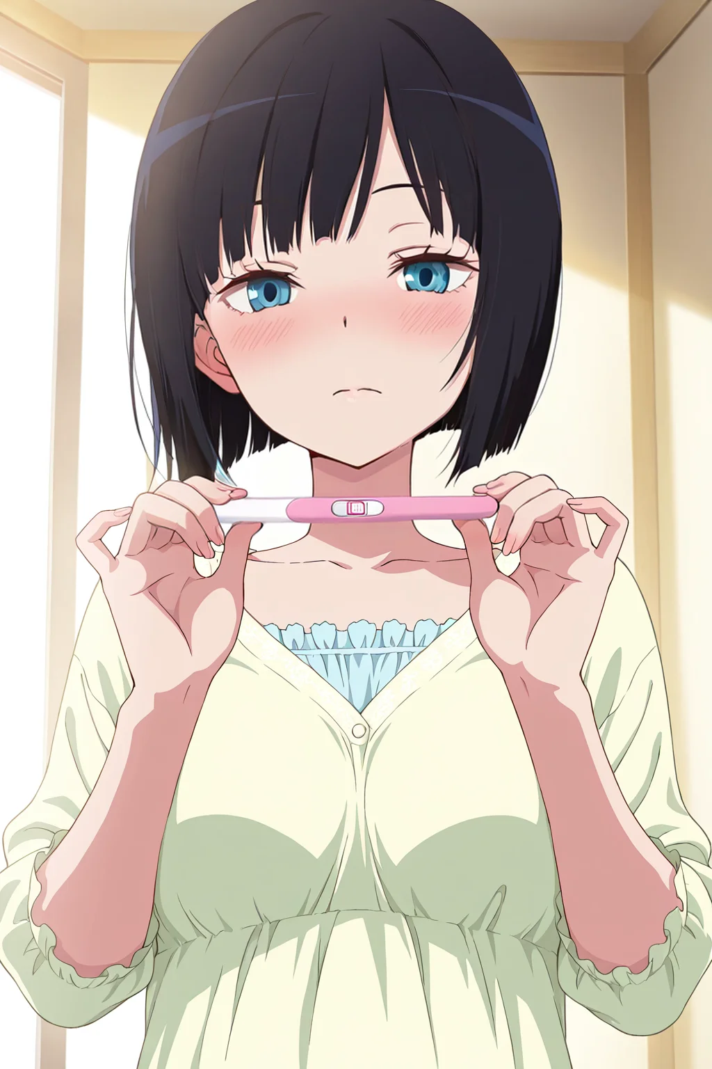 front view,pregnancy test,two-handed holding,
1girl,upper body,looking at viewer,blush,
Best quality,masterpiece,soft light,official art,high quality,highres,absurdres,epic scene,natural textures,<lora:Yuka Kon IL:1>,yuka kon,black hair,short hair,bob cut,blue eyes,