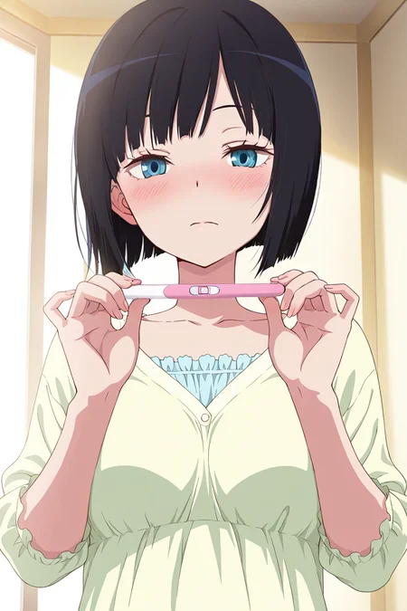 front view,pregnancy test,two-handed holding,
1girl,upper body,looking at viewer,blush,
Best quality,masterpiece,soft light,official art,high quality,highres,absurdres,epic scene,natural textures,<lora:Yuka Kon IL:1>,yuka kon,black hair,short hair,bob cut,blue eyes,