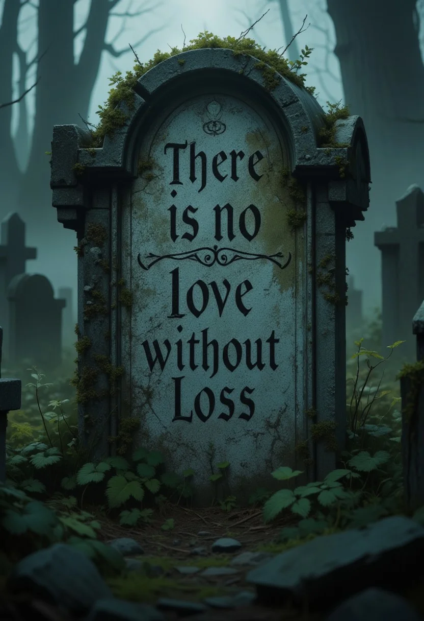 This hyper realistic anime oil painting image shows the front of a tombstone in a graveyard. The focus of the image is on the tombstone and what it has carved into it. The chiseled engravings on the tombstone, weathered by time, read in classic gothic font: "There is no love without loss", decorated with appropriate somber flouish. The texture of the stone is rough and uneven with some areas showing signs of erosion or damage.
,limited palette, low key, moody lighting, high-quality, masterpiece, style is modern, atmospheric, high detail, (hyperdetailed:1.1), (intricate details:1.0), (Refined details:1.1), (best quality:1.1), (high resolution:1.2), by David Hamilton and April Gornik and Caspar David Friedrich and John William Godward and Anna Dittman, cinematic, featured on Artstation, extremely detailed, octane render, 4k, 8k, HD, concept art, drkfnts style, stylized animated film scene, aidmaHyperrealism,