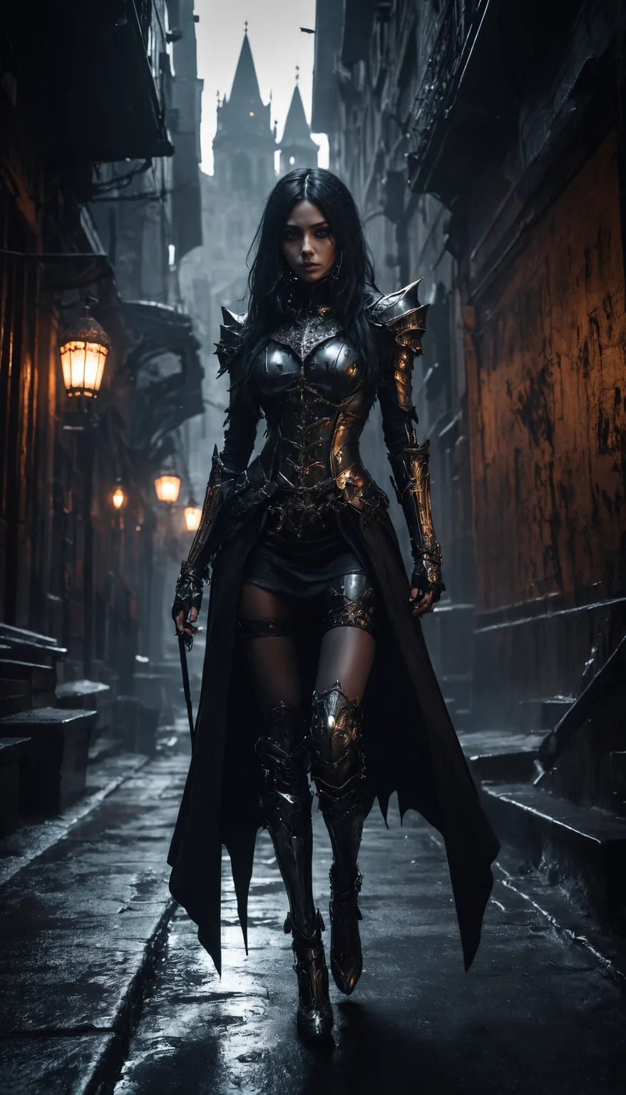 Gothic art, dark tones, intricate details, dramatic lighting, high contrast, medieval influence, ornate, mysterious, detailed armor, cyberpunk elements, cityscape, atmospheric, moody, haunting beauty, sharp shadows, textured
(dynamic pose:1.4), Walking mid-step, depth of field,  dark aura,