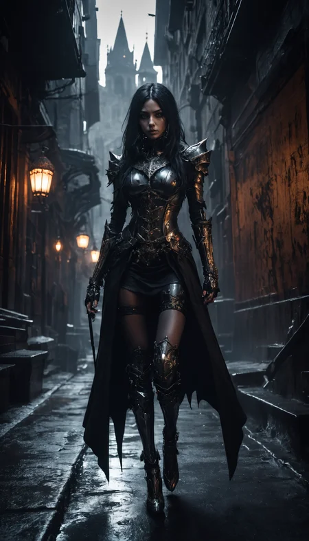 Gothic art, dark tones, intricate details, dramatic lighting, high contrast, medieval influence, ornate, mysterious, detailed armor, cyberpunk elements, cityscape, atmospheric, moody, haunting beauty, sharp shadows, textured
(dynamic pose:1.4), Walking mid-step, depth of field,  dark aura,
