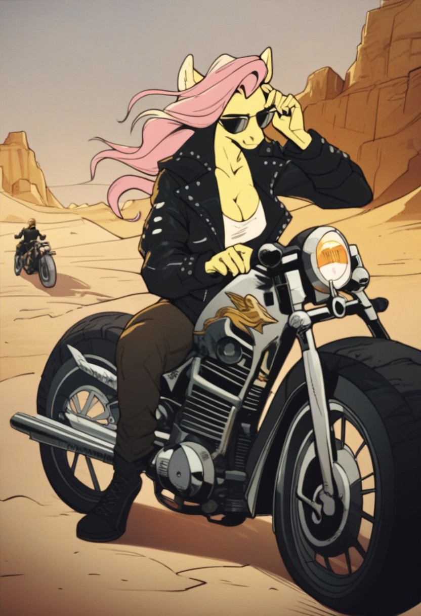 score_9, score_8_up, score_7_up, score_6_up, score_5_up, score_4_up, mab_style, anthro, fluttershy, jacket, inner cleavage, sunglasses,  large breasts, motorcycle, desert
