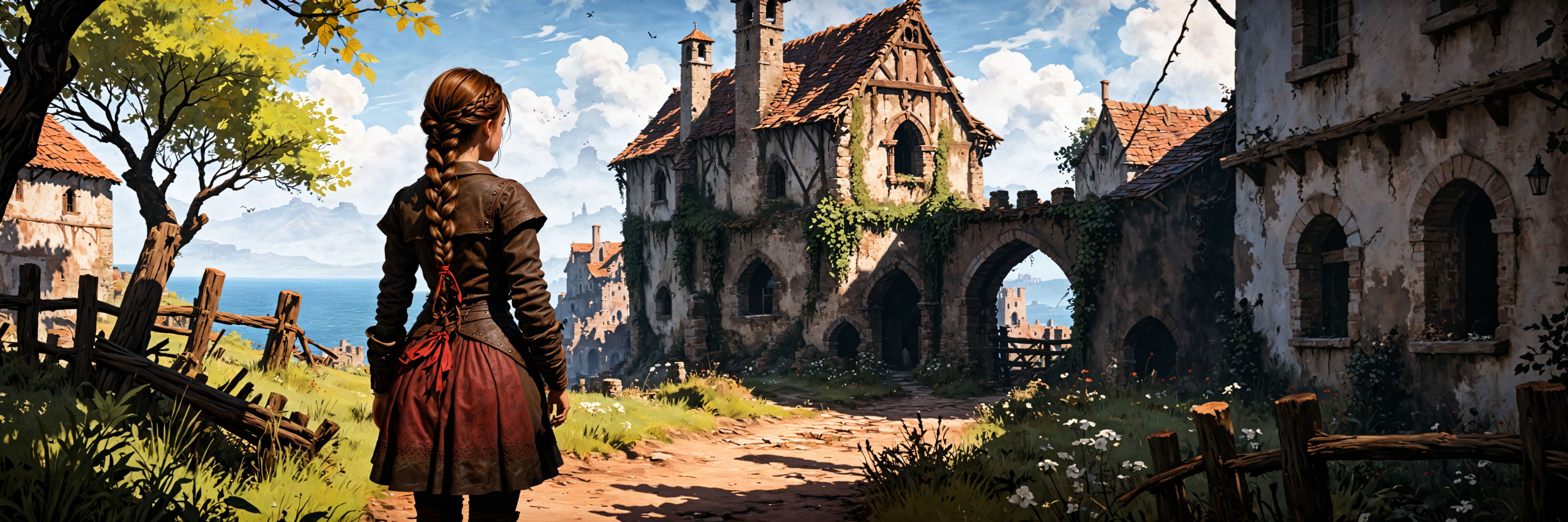 oil painting with thick strokes of scene from plague tale game, medieval,
young 14 years old girl Amicia de Rune, standing, from back, brown hair, long braid, brown leather outfit with bright red short cloth elements, intricate details
Medieval small village of france from plague tale game, plague, abandoned, no humans, empty,
swarm of little black rats hiding in the shadows, 100 rats, wave of rats, little rats, tiny rats, bright red eyes, dark, shadows<lora:sdxl_lightning_8step_lora:1><lora:sdxl_lightning_8step_lora:1><lora:sdxl_lightning_8step_lora:1><lora:sdxl_lightning_8step_lora:1>