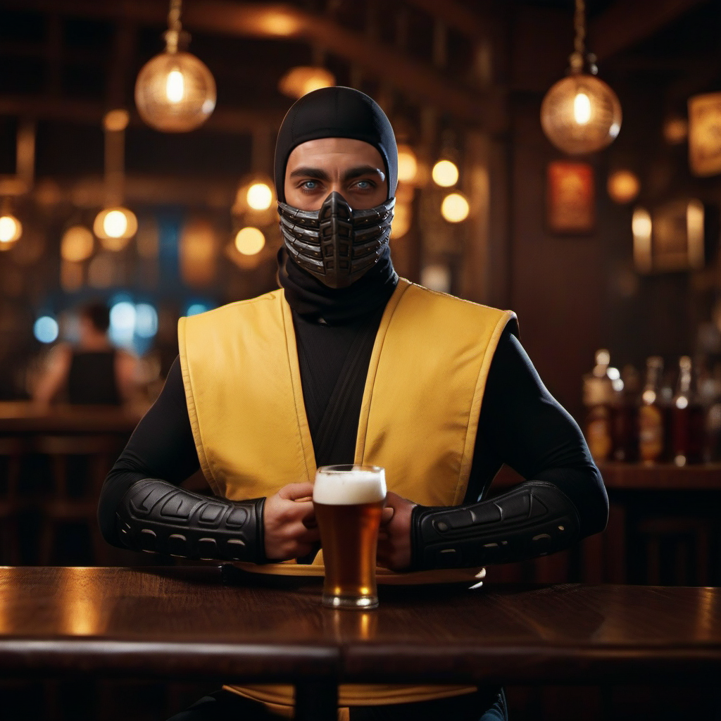 cinematic photo a ninja 1boy with a mask, white eyes, having a beer in a pub  <lora:Scorpion1995-1024:0.8> . 35mm photograph, film, bokeh, professional, 4k, highly detailed