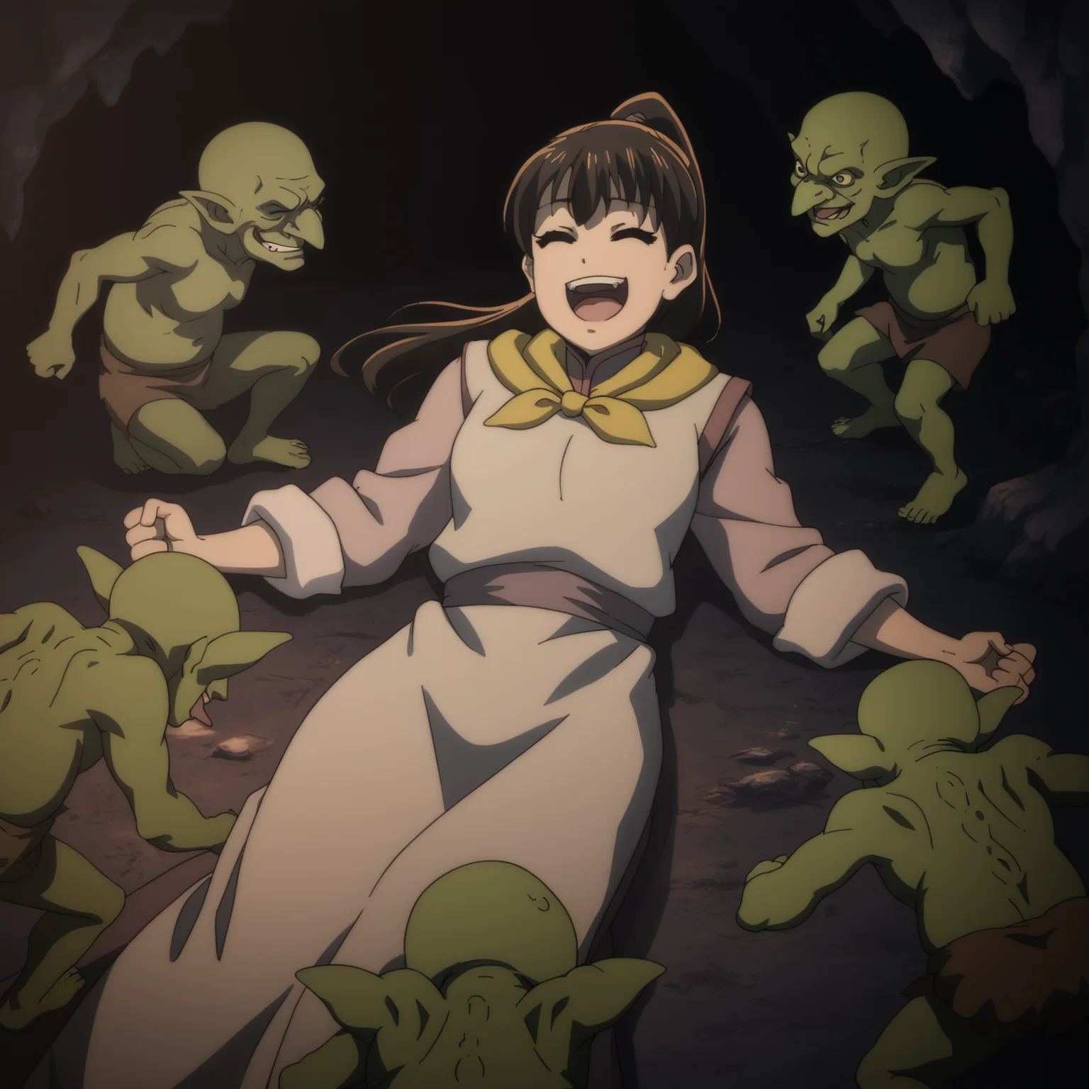 score_9,  score_8_up, score_7_up, <lora:fighter-gs-ponyxl-000015:1> gsfghtr, multicolored robe, neckerchief,
1girl, laughing, closed eyes, (goblin:0.8), lying, surrounded, cave, dim lighting