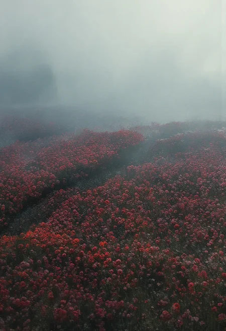 A melancholic foggy morning in a vast field of red poppies, with mist blanketing the landscape. The scene is a wide-angle landscape shot, featuring distant rolling hills and faint silhouettes of trees emerging from the fog. The mood is somber and reflective, with muted, soft lighting as the fog diffuses the morning light. The red poppies create a striking contrast against the subdued, misty background. Photorealistic, cinematic composition, natural lighting, 16K resolution. Ultra detail, detail factures