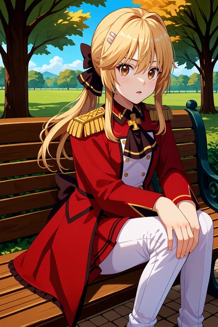 score_9, score_8_up, score_7_up, score_6_up, source_anime, 1girl, solo, <lora:lisciaelfrieden-pdxl-nvwls-v1-000005:1> liscia, blonde hair, low ponytail, brown eyes, hairclip, hair bow, black ascot, red coat, epaulettes, long sleeves, military uniform, red skirt, white pants, sitting, bench, park, blue sky, trees, looking at you, victorian architecture, hand on own legs, blush, chestnut mouth, full body