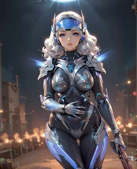 PonyScores7, source_anime, ah1, <lora:natsumi_style:0.5>, BREAK 1girl, lips, (Hugging face), (Chicken Dance Dance), (slums), looking at viewer, (curvy), round-chin, caucasian, (downturned eyes:1.2), (plump face), (plump), thick thighs, wide hips, busty, voluptuous, kinky curls, lips, <lora:venus body PonyXL:0.4>,( <lora:Siren_-_Sirens_Song_COD_Mobile:0.5> SirenSongCODM, futuristic armor, glowing blue and purple lights, white hair, visor, silver metallic plating, cybernetic design, sleek futuristic gloves, sharp shoulder pads, breasts, weapon, black pattern armor, thigh gap, gun, helmet, armor, holding weapon, bodysuit, blue eyes, white plating armor), BREAK <lora:xl_more_art-full_v1:0.2>, <lora:shinyskin2:0.2> glistening skin, <lora:aesthetic_anime_v1s:0.2>, <lora:Expressive_H:0.2> Expressiveh, <lora:hairdetailpxl:0.2> hairdetailpxl, <lora:EpicF4nta5yXL:0.2>, <lora:detailxl:0.2> detailxl, <lora:Fant5yP0ny:0.2>, best quality, amazing quality, best aesthetic, absurdres, <lora:expressive eyes:0.2> expressive eyes, <lora:eyedetailpxl:0.2> eyedetailpxl, illustration, Volumetric_Lighting, ultra-detailed, very aesthetic, intricate details, 8k, masterpiece, best_quality, BREAK (Dutch Angle view medium Close shot (focus on waist)), BREAK <lora:Eyes_High_Definition:0.3> EyesHD, Stable_Yogis_PDXL_Positives, AS-Adult, <lora:Complicated fantasy portrait - XL Pony V2.0:0.4>, bad-hands-5,