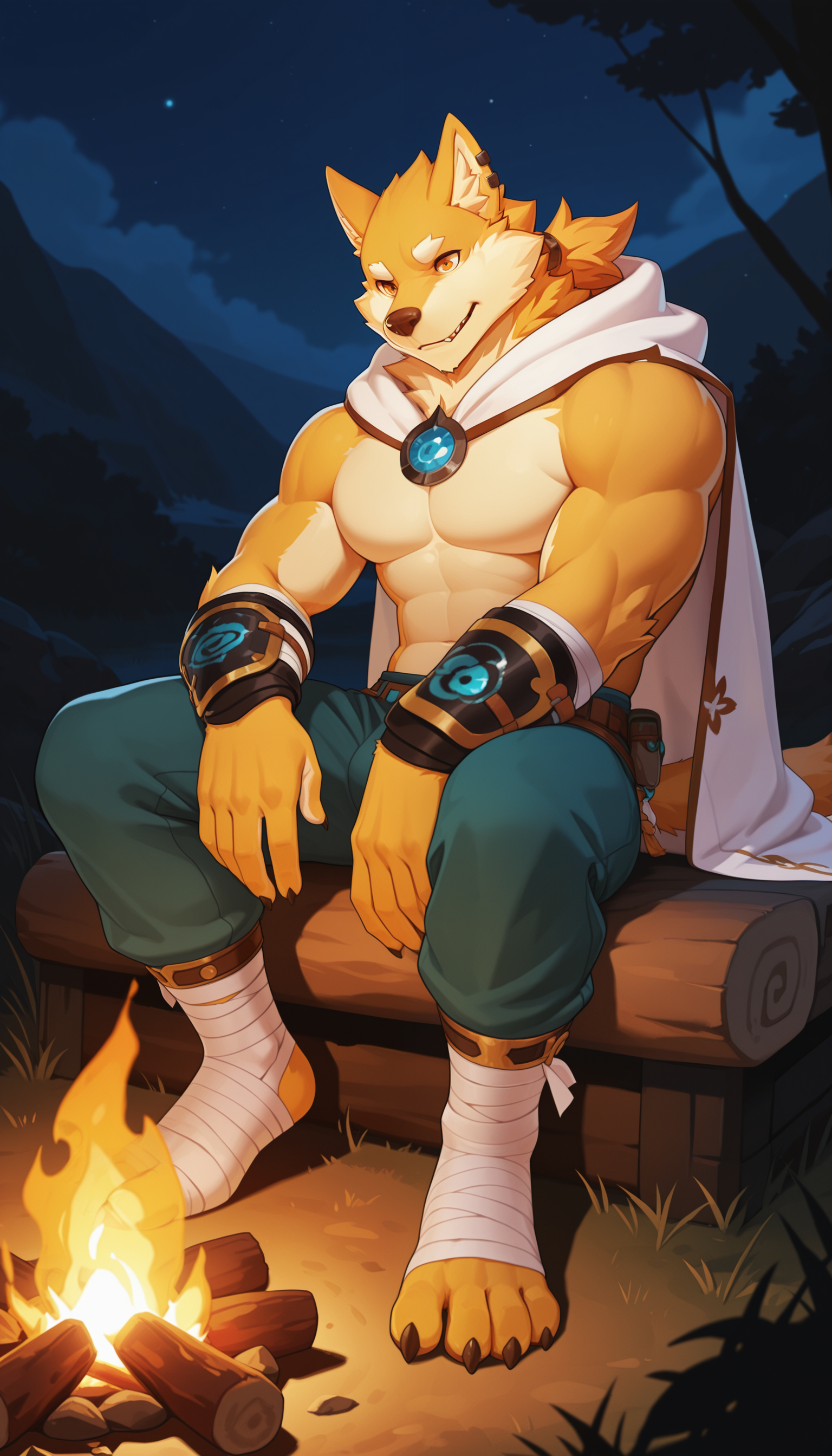 masterpiece, best quality, amazing quality, 1boy, solo,
ChangGYEE, wolf boy, furry, yellow fur, two-tone fur, earrings,
white cape, topless male, arm wraps, foot wraps, pants,

Sitting, campfire, night,