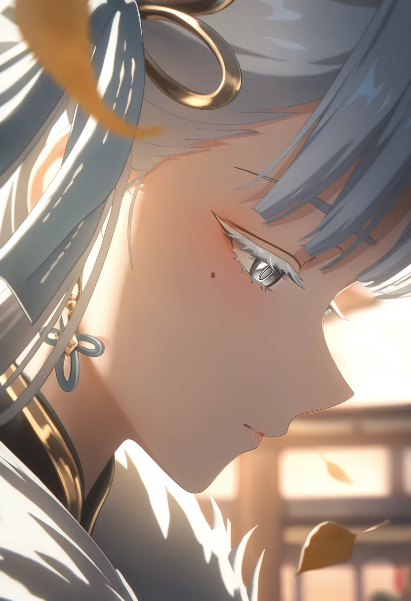 masterpiece,best quality,amazing quality,very aesthetic,absurdres,newest,scenery,
jinxsi, 1girl, echo2 dress, grey eyes, detailed irises, white hair, eyelashes, mole under eye, calm expression, serene look, twintails, hair ribbon, earrings, looking down, light blush, closed mouth, outdoors, fur trim, depth of field, portrait, close-up, east asian architecture, warm light, cinematic lighting, falling leaves
<lora:Jinxsi IL v2:0.8>