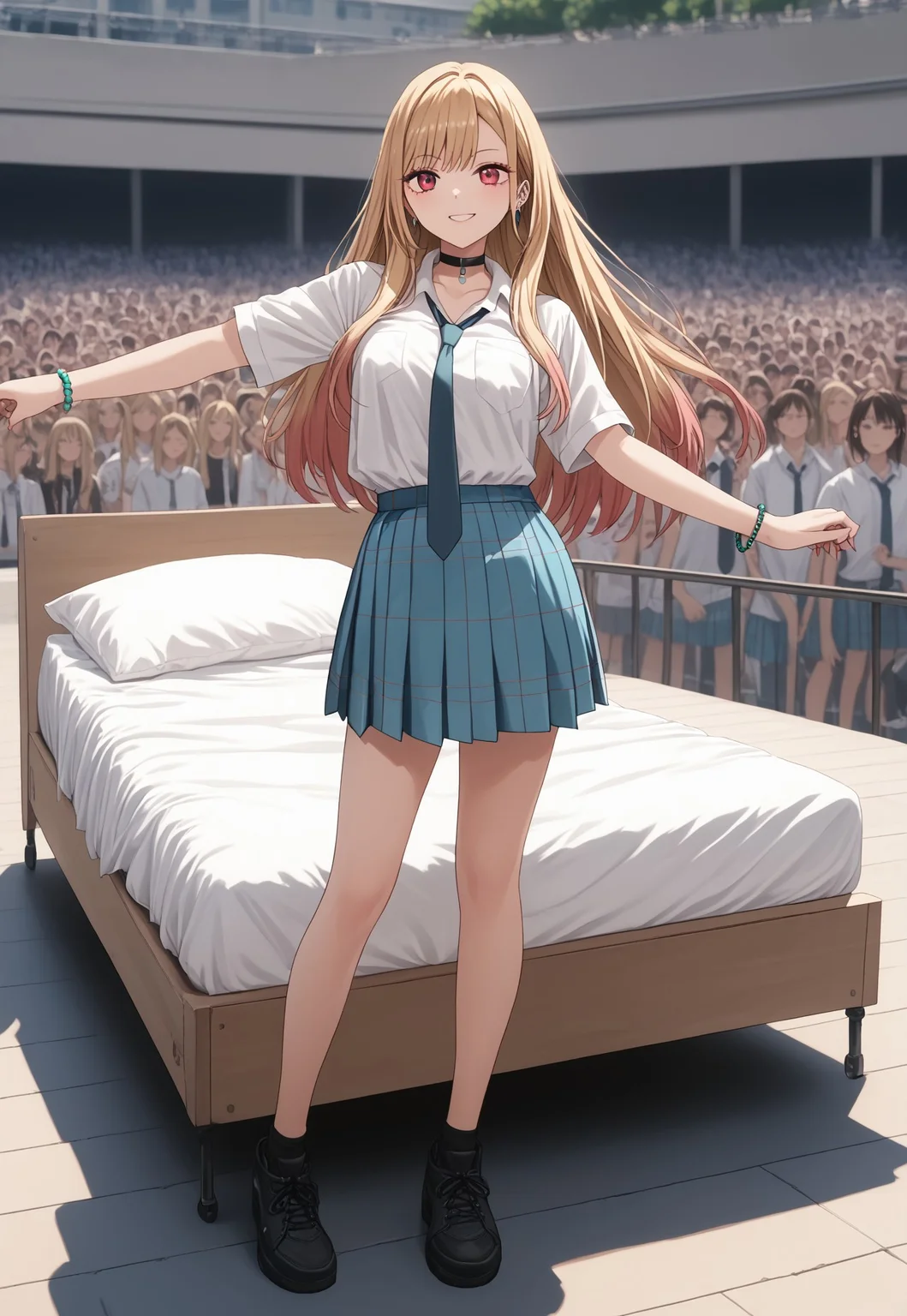 (((score_9, score_8_up, score_7_up, best view)))
,
((( highly detailed, masterpiece, perfect, detailed, hd, )))
,
((( marin kitagawa, long hair, bangs, blonde hair, red eyes, multicolored hair,skirt, shirt, jewelry, uniform, white shirt, pleated skirt, earrings, necktie, choker, bracelet, blue skirt, plaid, black choker, plaid skirt,)))
,
((( 1girl, solo, posing, while standing on the bed )))
,
((( Bedstamb, bed, crowd, Outdoors)))
,
((( )))
,
((( )))
,
((( )))
,
((( )))
,
()