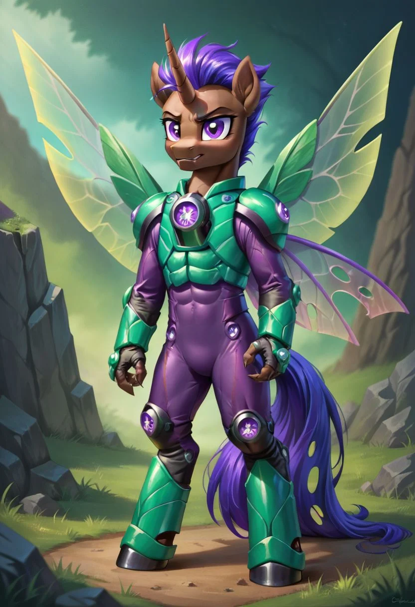 score_9, score_8, score_7, (source_pony, changeling, alicorn),
gmrider, green armor, purple bodysuit