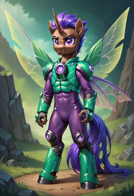 score_9, score_8, score_7, (source_pony, changeling, alicorn),
gmrider, green armor, purple bodysuit
