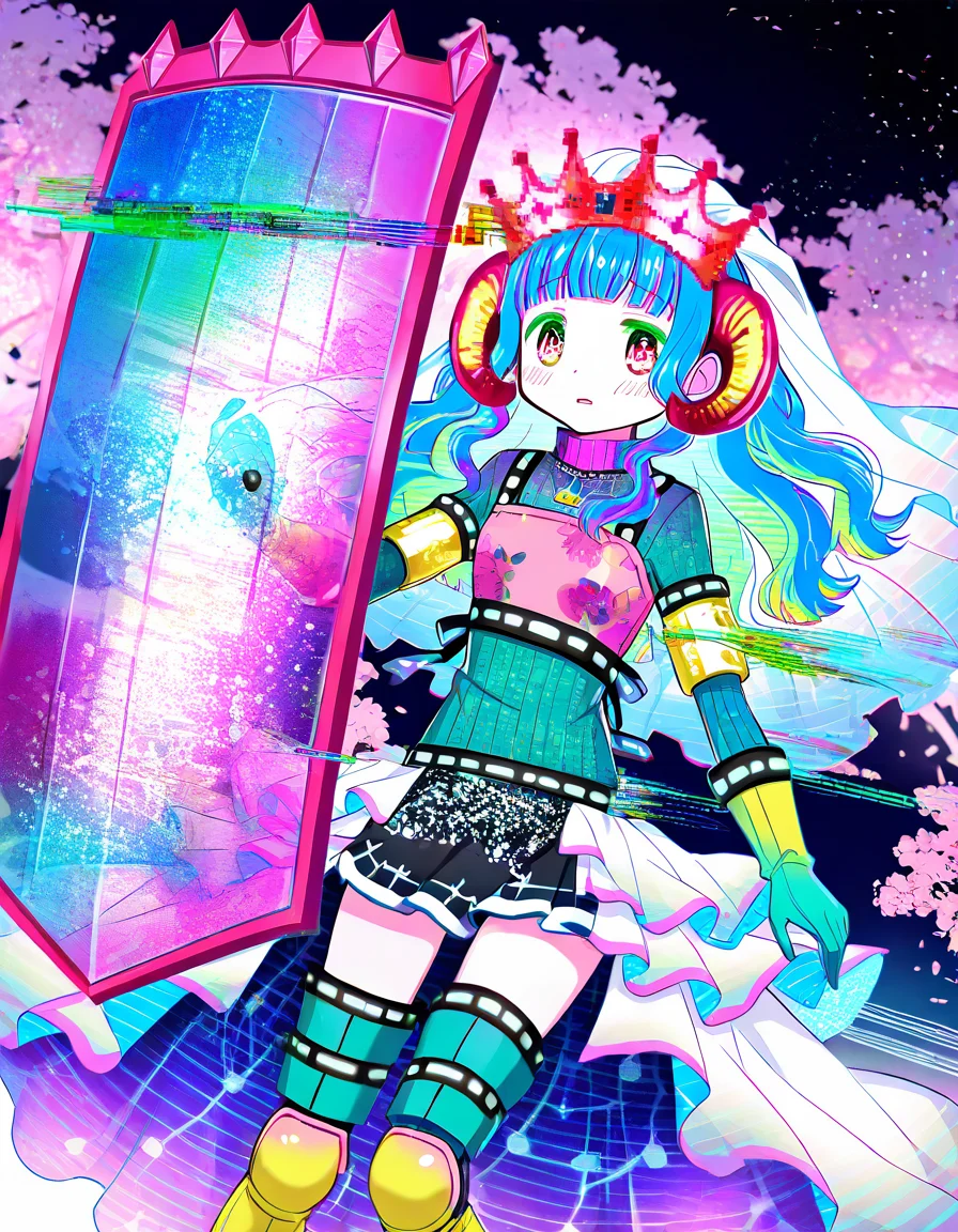 masterpiece, best quality, newest, absurdres, highres, safe, 1girl, uwasa no sana, magia record: mahou shoujo madoka magica gaiden, glitch, holding transparent shield, solo, outdoors, cherry blossoms, night, dutch angle, <lora:futaba_sana_noobaiXLNAIXL_vPred10Version:0.7>