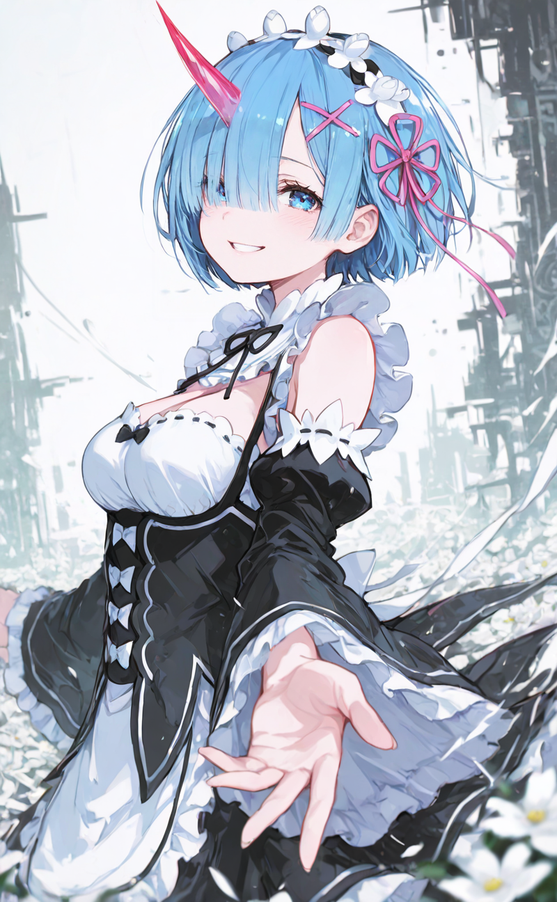 masterpiece, best quality, amazing quality, rem \(re:zero\), 1girl, solo, short hair, blue eyes, medium breasts, blue hair, single horn, grin,nostalgic atmosphere,abstract, (glitch:0.7),
looking at viewer, smile, outstretched arm, reaching towards viewer,
black dress, maid headdress, x hair ornament, pink ribbon, hair ribbon, frills, detached sleeves, hair flower, frilled sleeves, flower knot, roswaal mansion maid uniform,
upper body, from side, outdoors, white flower, wind,Depth Of Field, blurry foreground, 
(<lora:ponyv4_noob1_2_adamW:0.3>,<lora:MGE_V5.2_IL:0.5>,<lora:add-detail-xl:1>,<lora:ma1ma1helmes_b-STYLE:0.5>,<lora:r17329_illu:0.45>),