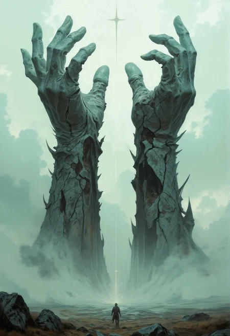 In an endless expanse of desolate plains shrouded in moody fog, two colossal hands made of ancient, weathered stone rise skyward, their ragged surfaces cracked and etched with the wear of time. The fog drapes the scene in an eerie stillness, emphasizing the towering height of the hands as they vanish into the mist above. The plains stretch infinitely in every direction, barren and silent, while faint, diffused light filters through the haze, casting soft, shifting shadows across the jagged surfaces of the stone. The hands seem frozen in a silent, eternal struggle, their presence both haunting and awe-inspiring in the boundless, fog-drenched expanse.