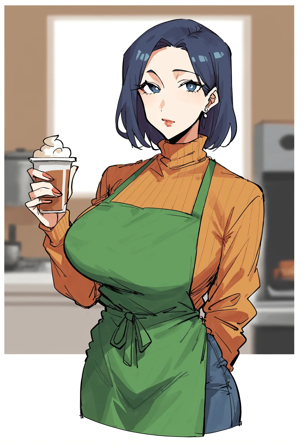 score_9, score_8_up, score_7_up, score_6_up, score_5_up, score_4_up, BREAK source_anime, rating_safe, white background, 1girl, solo, large breasts, turtleneck sweater, long sleeves, apron, sketch, <lora:leebo-PD-v1:1>