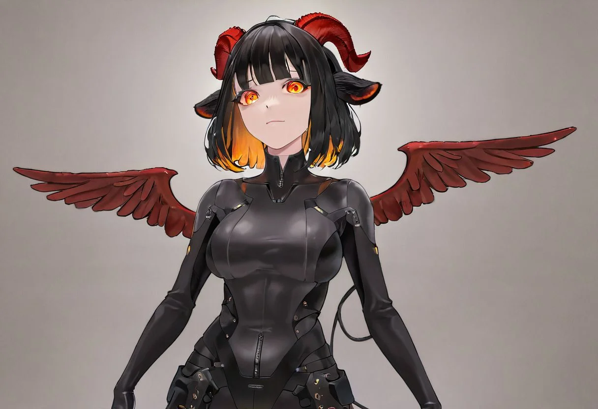 Aluki, 1 girl, solo, rainbow hair, orange eyes, black goat ears only, red goat horns, medium hair, orange eyes, blue eyeliner, no human ears, 2 wings, only moon mark on forehead, no wings on the head,only red wings on the back,1 whisker marks, (masterpiece, highly detailed, wallpaper, beautiful), cyber fairy, dinamic posture,
