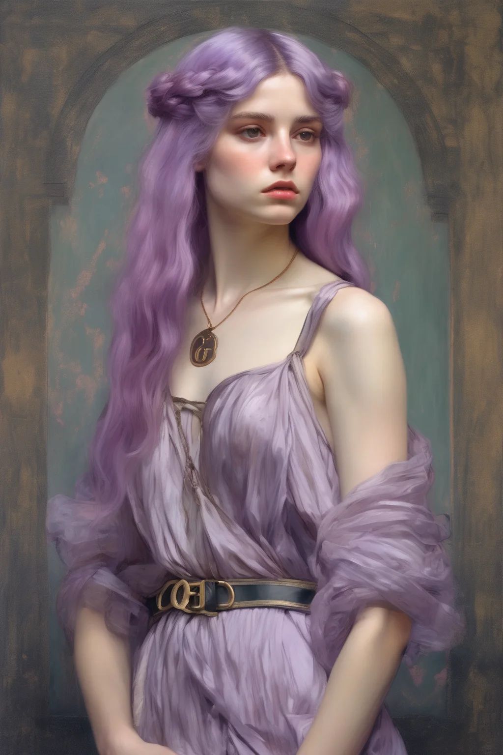 John William Waterhouse Style - full-body portrait of a young woman nymph wearing gucci high fashion clothes with pastel violet hair