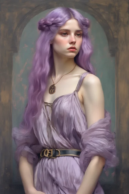 John William Waterhouse Style - full-body portrait of a young woman nymph wearing gucci high fashion clothes with pastel violet hair