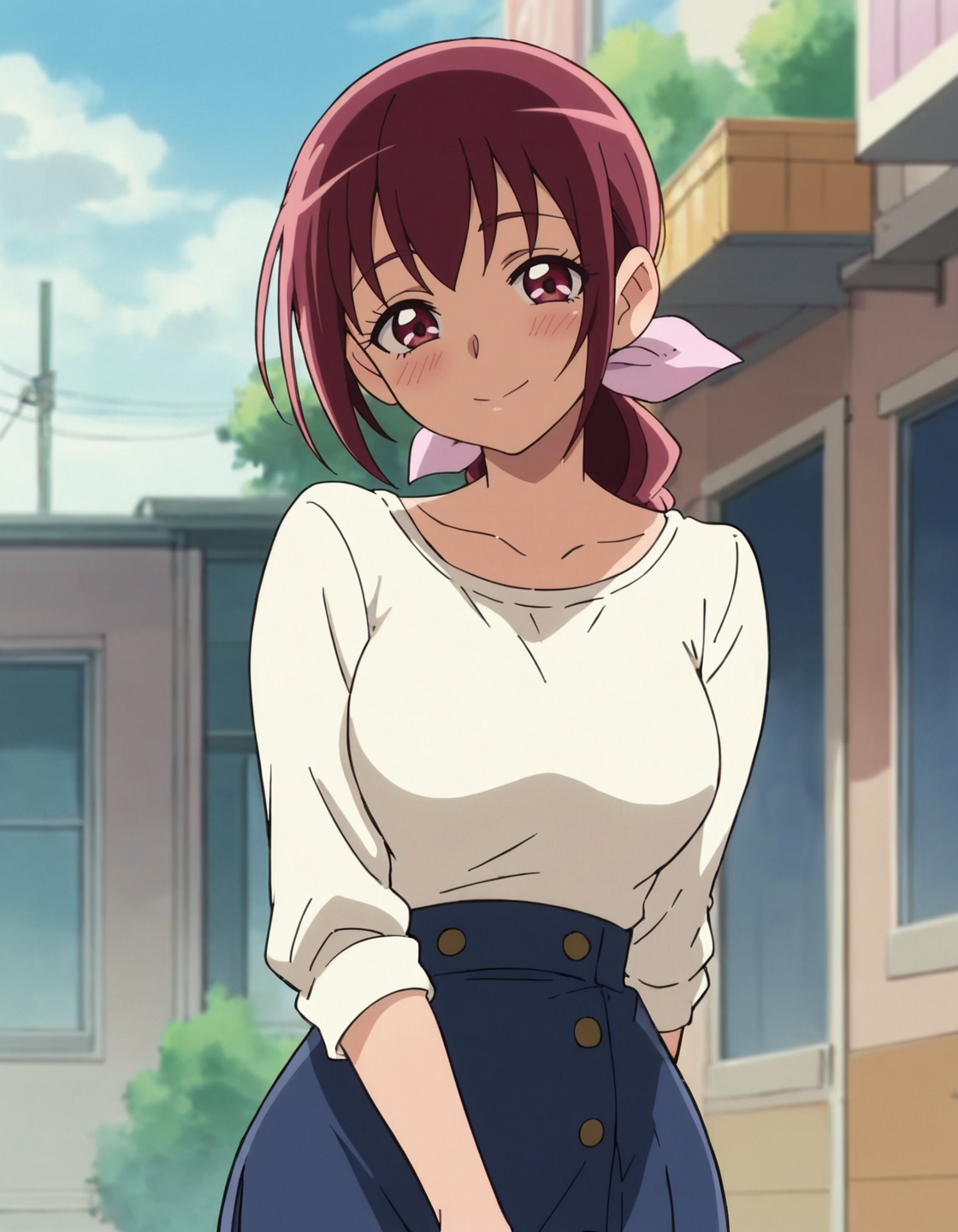 score_9, score_8_up, score_7_up, anime screencap, solo,1girl,hoshizoraikuyo, hair ribbon, white shirt,cowboy shot,looking at viewer,smile blush, large breasts,wide hip<lora:hoshizoraikuyo_pony:0.8>