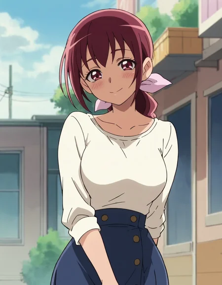 score_9, score_8_up, score_7_up, anime screencap, solo,1girl,hoshizoraikuyo, hair ribbon, white shirt,cowboy shot,looking at viewer,smile blush, large breasts,wide hip<lora:hoshizoraikuyo_pony:0.8>