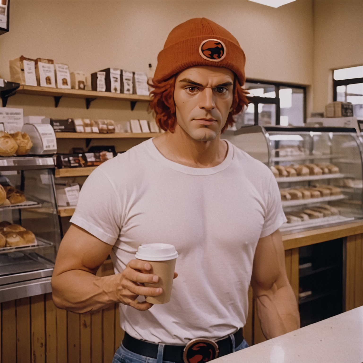 Lion-O man wearing a beanie and white t-shirt holding a cup of coffee inside a bakery store<lora:Lion-O-v1-000003:0.7> cinematic, 35mm photo, analog film