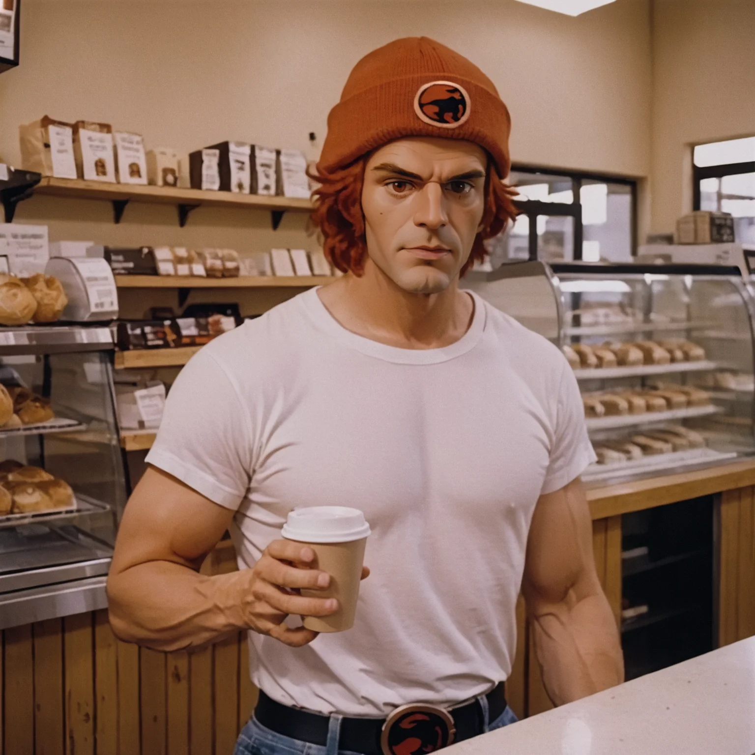 Lion-O man wearing a beanie and white t-shirt holding a cup of coffee inside a bakery store<lora:Lion-O-v1-000003:0.7> cinematic, 35mm photo, analog film