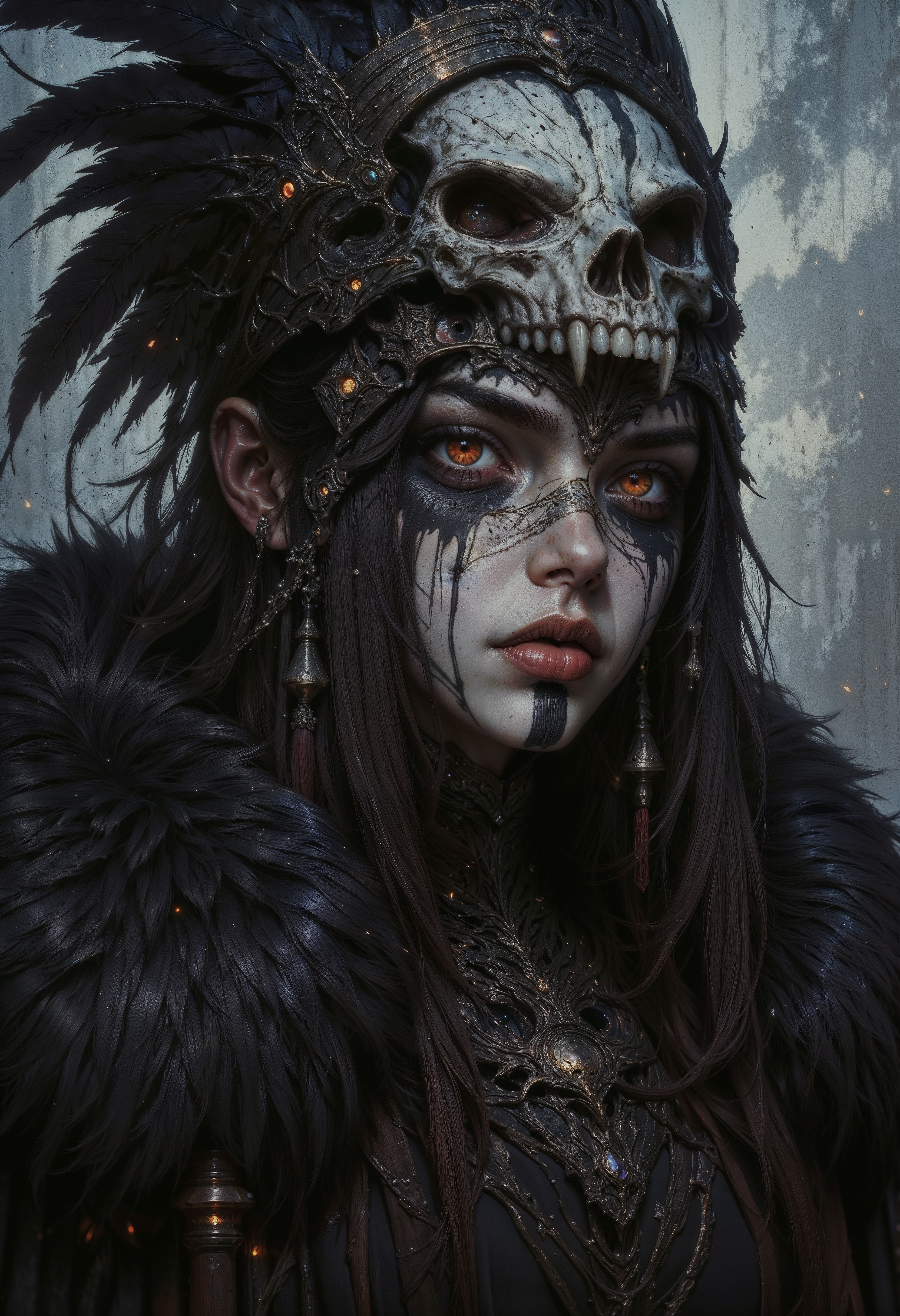 a digital painting in a dark, atmospheric style, portraying a mysterious woman with an air of ancient mysticism. The subject is a woman with pale skin and striking, glowing red eyes that seem to pierce through the dim light. Her long, dark hair cascades down her back, adorned with a large, ornate headdress made of black feathers and a prominent skull. The skull, centrally placed, is intricately detailed with sharp, menacing teeth and a hollow eye socket, adding to the eerie atmosphere.
Her face is adorned with tribal-like markings, including dark, geometric patterns around her eyes and mouth, enhancing her otherworldly appearance. She wears a heavy, fur-lined cloak that drapes over her shoulders, with the texture of the fur rendered in fine, detailed brushstrokes. The cloak is dark, almost black, blending seamlessly into the shadowy background.
The background is a gradient of dark grays and blues, with subtle, wispy light streaks that suggest a misty, ethereal environment. The lighting is soft but dramatic, casting subtle highlights and deep shadows that emphasize the contours of her face and the intricate details of her headdress and cloak. The overall mood is dark, mystical, and haunting, evoking a sense of ancient, forgotten lore.
