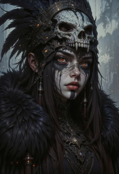a digital painting in a dark, atmospheric style, portraying a mysterious woman with an air of ancient mysticism. The subject is a woman with pale skin and striking, glowing red eyes that seem to pierce through the dim light. Her long, dark hair cascades down her back, adorned with a large, ornate headdress made of black feathers and a prominent skull. The skull, centrally placed, is intricately detailed with sharp, menacing teeth and a hollow eye socket, adding to the eerie atmosphere.
Her face is adorned with tribal-like markings, including dark, geometric patterns around her eyes and mouth, enhancing her otherworldly appearance. She wears a heavy, fur-lined cloak that drapes over her shoulders, with the texture of the fur rendered in fine, detailed brushstrokes. The cloak is dark, almost black, blending seamlessly into the shadowy background.
The background is a gradient of dark grays and blues, with subtle, wispy light streaks that suggest a misty, ethereal environment. The lighting is soft but dramatic, casting subtle highlights and deep shadows that emphasize the contours of her face and the intricate details of her headdress and cloak. The overall mood is dark, mystical, and haunting, evoking a sense of ancient, forgotten lore.