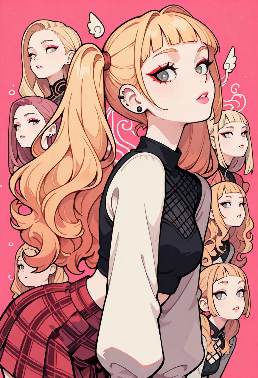 masterpiece,best_quality,absurdres,highres,very aesthetic,ray tracing,  s4bit4mago_illu,anime style,1girl,solo,blond hair,wavy hair,long hair,twintails,arched bangs, grey eyes, red eyeshadow, winged eyeliner, ear piercing, hair behind ear, parted lips, pink lips, loose hair strand, mesh crop top, black crop top, long sleeves, midriff, plaid skirt, red skirt, from the side, looking at viewer, sideways glance, leaning forward, simple background, dark pink background, pop art, urban, stylish, pastel colors, too many , ghosts