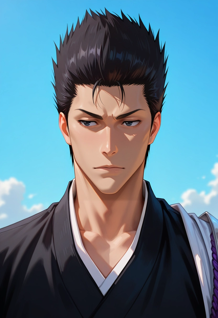 masterpiece, best quality, intricate details, semi-realistic, , 1boy, solo, male focus, <lora:isshin_kurosaki_ilxl:0.98>, isshin_kurosaki, black hair, black eyes, short hair, spiked hair, , ,