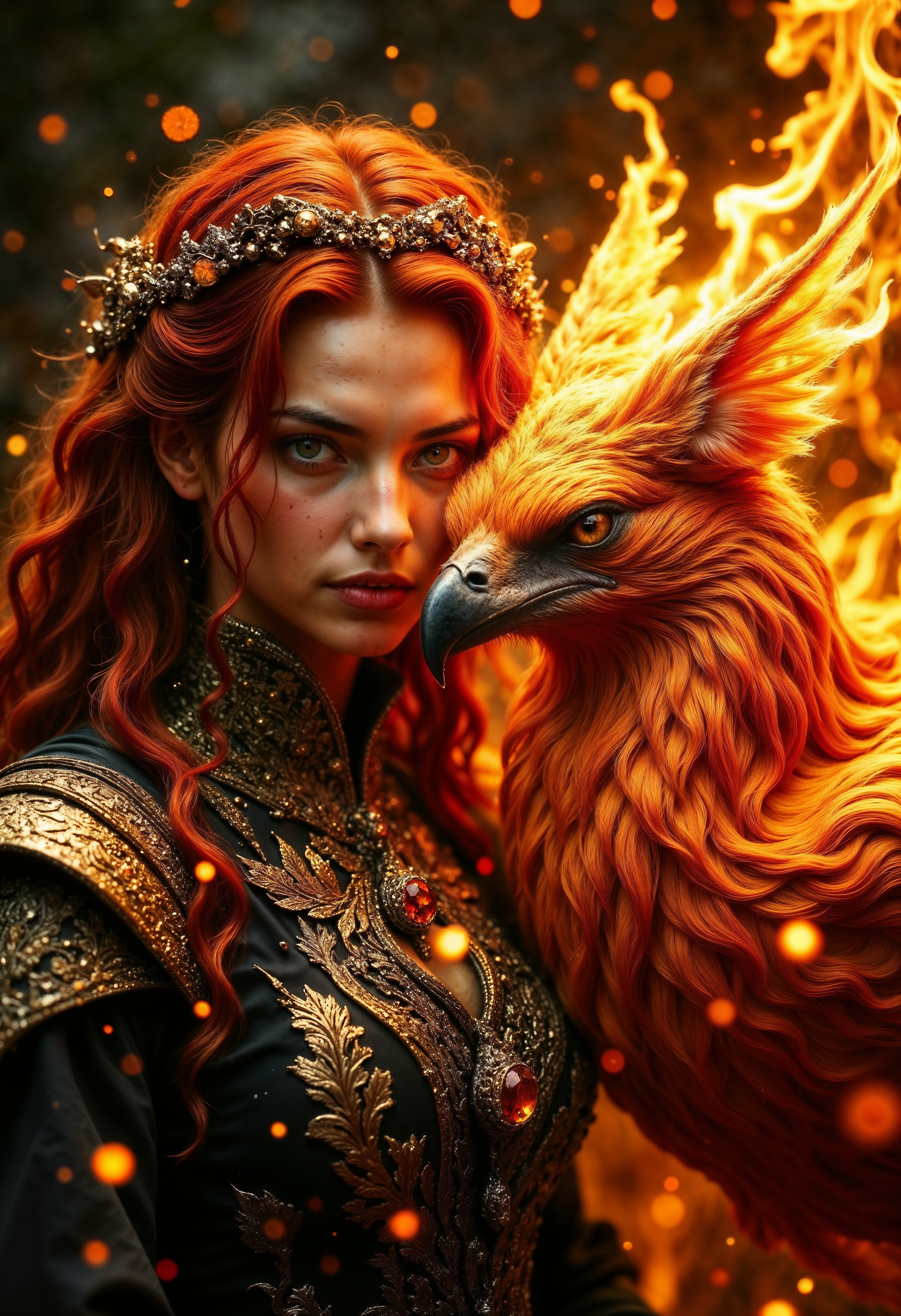 A fierce young woman with fiery red hair and golden eyes stands beside a majestic phoenix, their gazes burning with the same intensity. Her freckled skin glows in the warm light of the flames that dance around them. She wears an ornate black and gold embroidered vest adorned with intricate sunburst patterns, a matching pendant with an amber gemstone resting at her throat. Her expression is intense, determined, and regal. The phoenix, its feathers a radiant blend of molten gold and orange, presses close to her, its sharp beak and piercing eyes exuding power and wisdom. Embers float in the air, casting an ethereal glow against the dark background, as if the world itself bends to their presence. <lora:FluxMythR3alisticF:1> R3alisticF